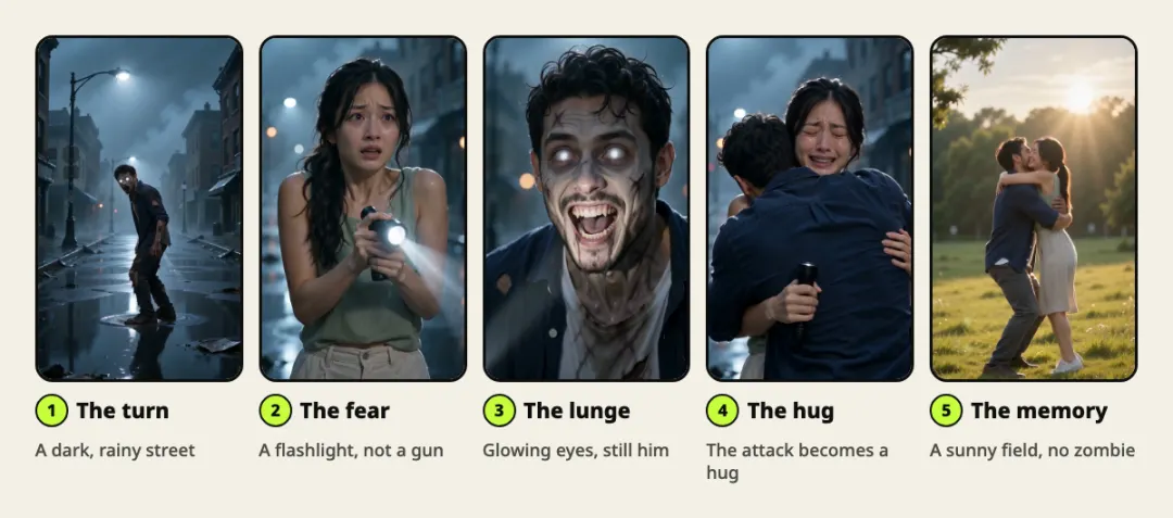 Five frames from one zombie love story video: a figure turning on a rainy street, a frightened woman with a flashlight, a zombie face with glowing eyes, the two hugging, and a couple embracing in a sunny field