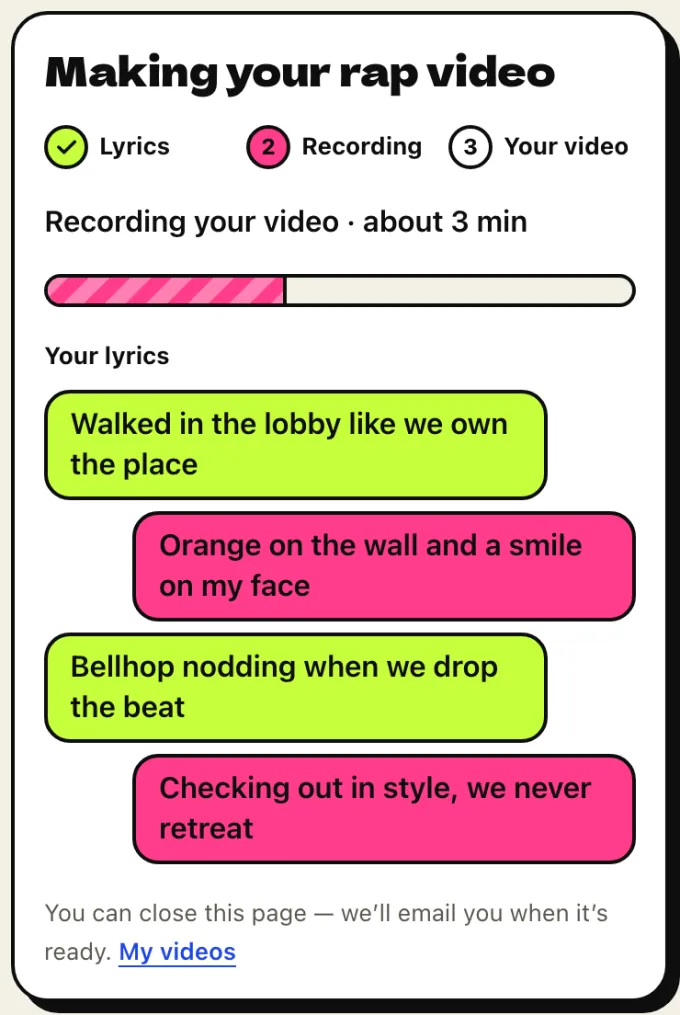 The progress card showing the four lyric lines while the video records