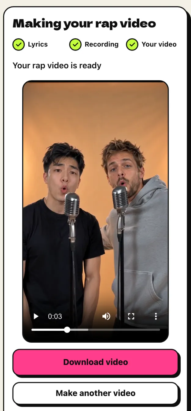 The finished rap video playing, with a download button
