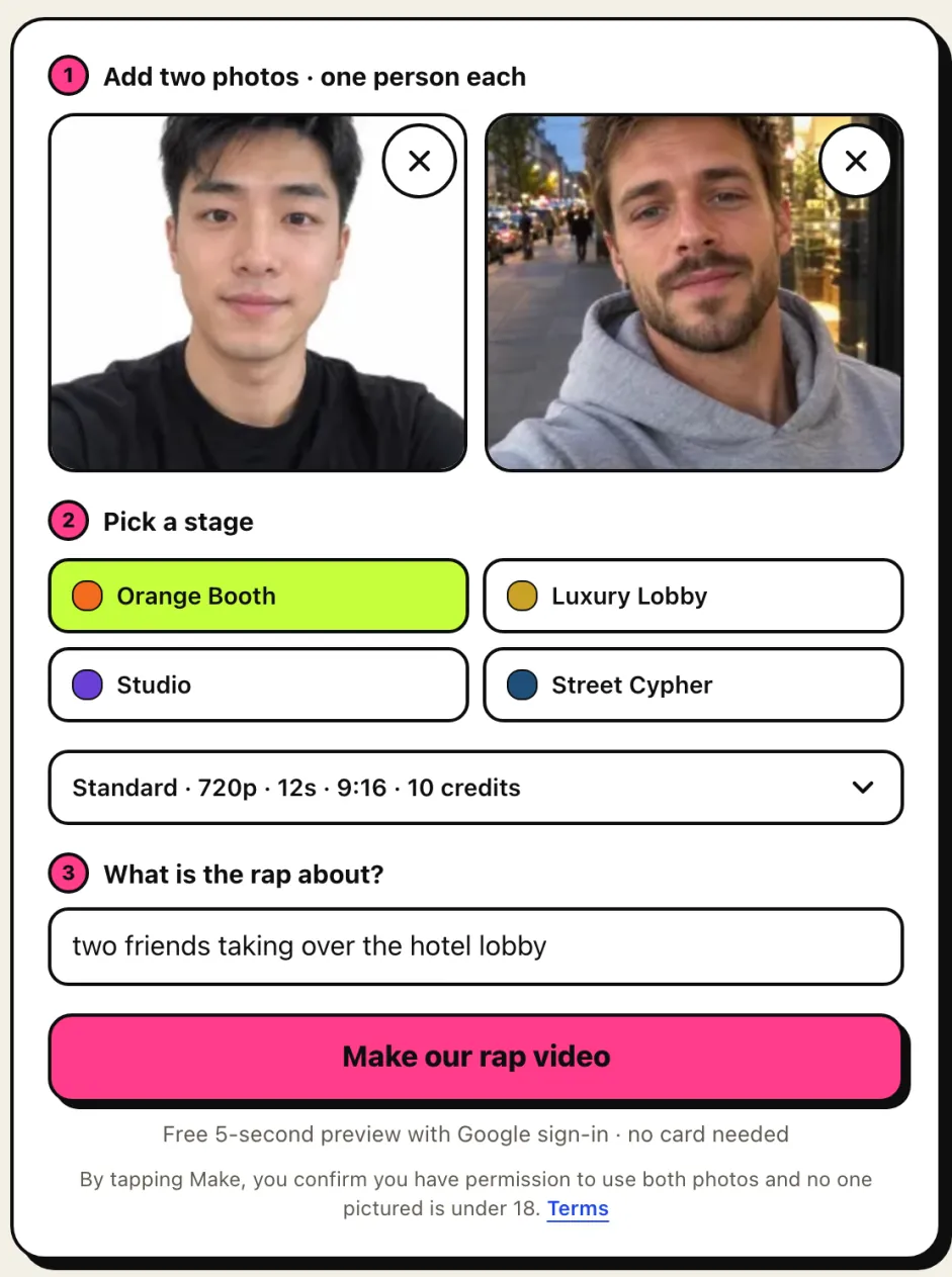 The AI Rap Duo generator with two photos, the Orange Booth stage and a topic filled in